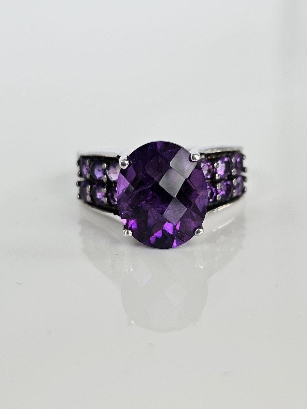 Natural African Amethyst High Profile Ring Sterling Silver Rhodium Overlay Sz 8!